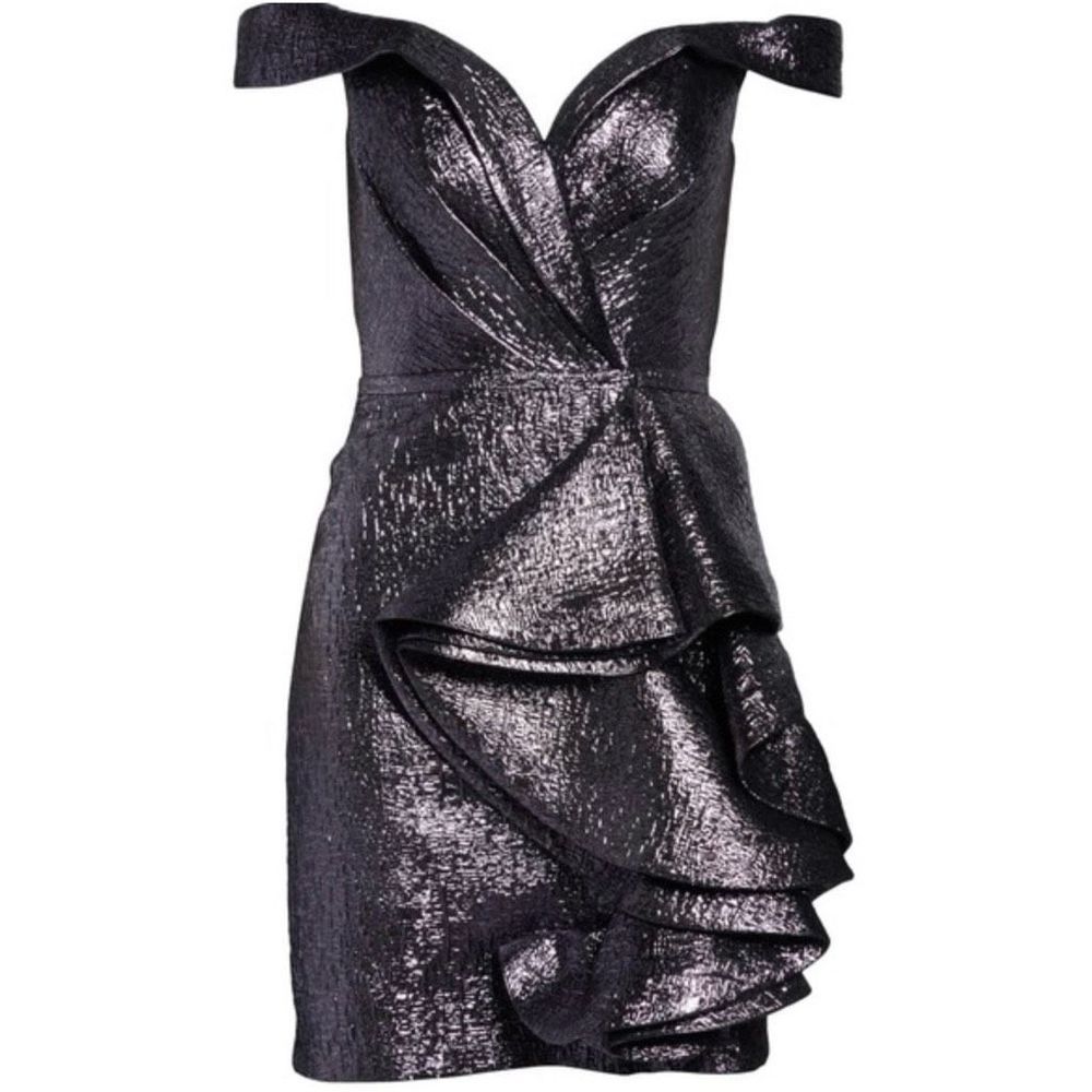 Mac Duggal Off Shoulder Metallic Amethyst Side Ruffle Cocktail Dress Size 14 - Picture 3 of 16